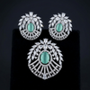 Graceful Luxurious Green Stone Pendant & Earrings Set for Women | Premium Silver-Tone Floral Designer Jewelry | Timeless Elegant Party Wear