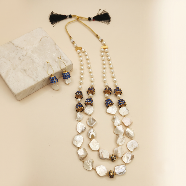 Handcrafted Dual-Layer Mother of Pearl & Pearl Beaded Necklace Set with Blue Enamel Accents and Matching Drop Earrings