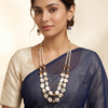Handcrafted Dual-Layer Mother of Pearl & Pearl Beaded Necklace Set with Blue Enamel Accents and Matching Drop Earrings