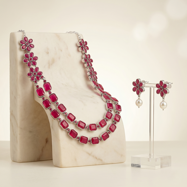 Ruby Blossom Silver-Tone Statement Necklace & Drop Earring Set
