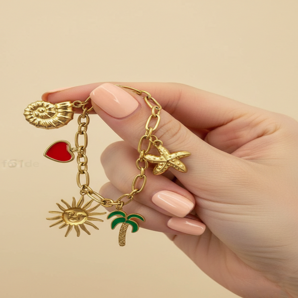 Elegant Gold Charm Anti Tarnish Bracelet with Tropical & Love-Inspired Charms