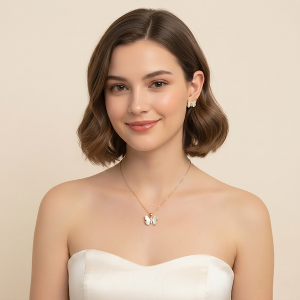 Luxurious White Butterfly Pendant Chain & Stud Earrings Set – Gold-Toned Zircon Accent Jewellery Set for Women