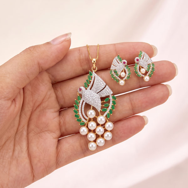 Elegant Peacock-Inspired Pendant & Earrings