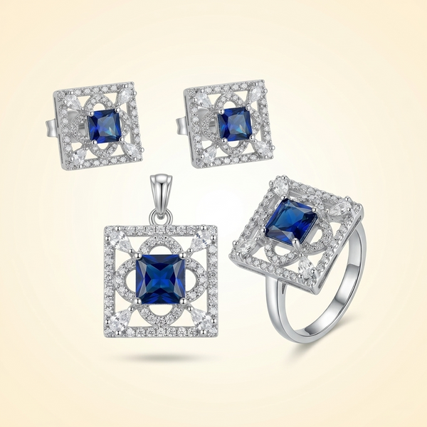 Elegant Blue Sapphire-Tone Square Pendant, Stud Earrings & Ring Set with Crystal Halo