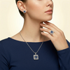 Elegant Blue Sapphire-Tone Square Pendant, Stud Earrings & Ring Set with Crystal Halo