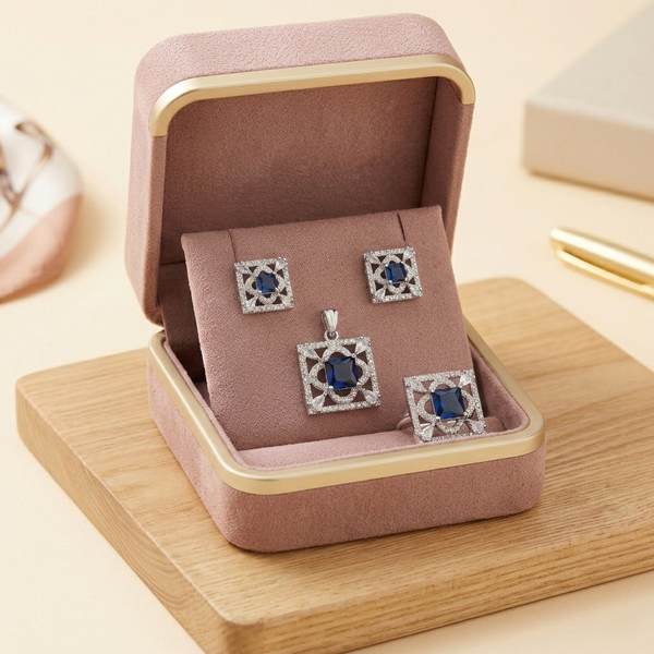 Elegant Blue Sapphire-Tone Square Pendant, Stud Earrings & Ring Set with Crystal Halo