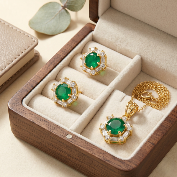 Emerald Green Crystal Pendant & Stud Earrings Set – Gold Plated Elegance