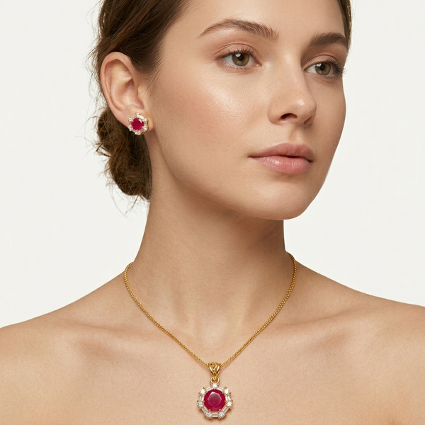 Radiant Crimson Halo Pendant & Stud Earring Set