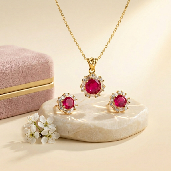 Radiant Crimson Halo Pendant & Stud Earring Set