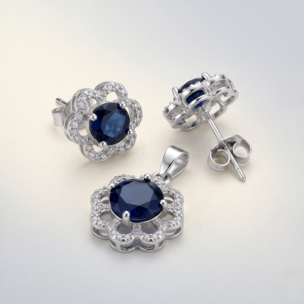 Royal Blue Floral Halo AD Silver-Plated Pendant & Stud Earrings Set