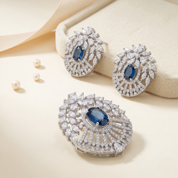 Royal AD Sapphire Bloom Pendant & Stud Earrings Set – Silver-Toned Crystal Floral Design