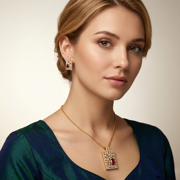 Royal Ruby AD Pendant Set with Stud Earrings – Gold Plated Geometric Crystal Jewellery Set