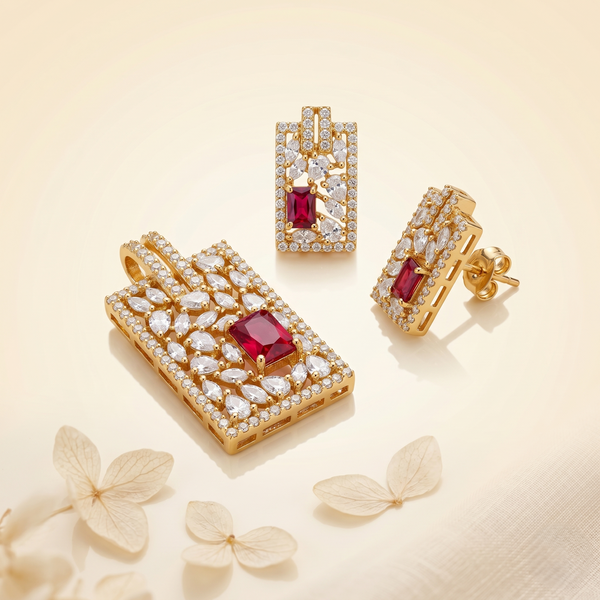 Royal Ruby AD Pendant Set with Stud Earrings – Gold Plated Geometric Crystal Jewellery Set