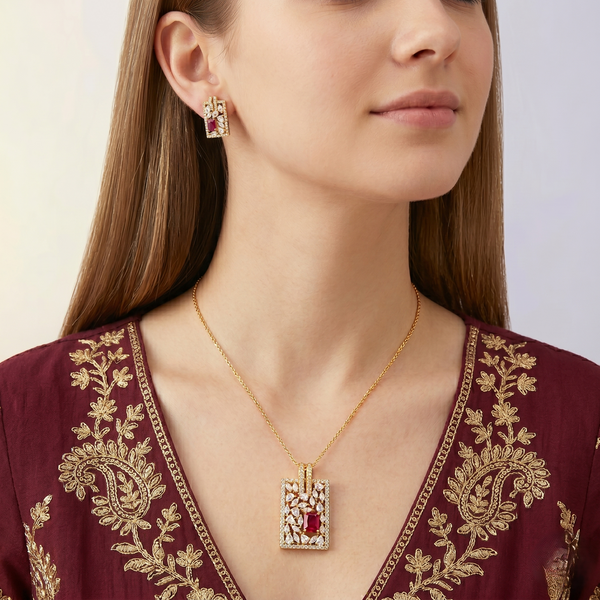 Royal Ruby AD Pendant Set with Stud Earrings – Gold Plated Geometric Crystal Jewellery Set