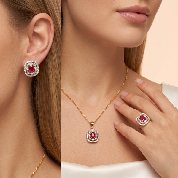Luxury Ruby Red AD Crafted Silver Base Pendant, Stud Earrings & Finger Ring Jewelry Set