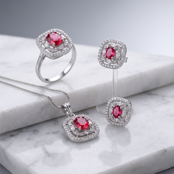 Luxury Ruby Red AD Crafted Silver Base Pendant, Stud Earrings & Finger Ring Jewelry Set