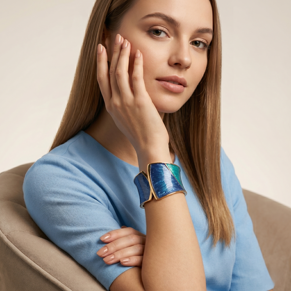 Luxury Gold-Tone Blue Textured Statement Cuff Bracelet for Women | Contemporary Enamel Finish Bangle