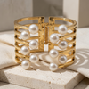 Anti Tarnish Graceful Gold-Tone Multi-Layer Pearl Cuff Bangle for Women | Luxury Statement Bracelet with Pearl Accents