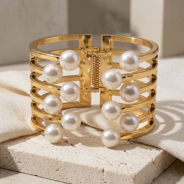 Anti Tarnish Graceful Gold-Tone Multi-Layer Pearl Cuff Bangle for Women | Luxury Statement Bracelet with Pearl Accents