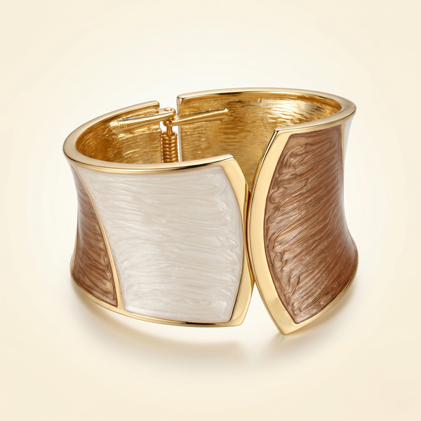 Elegant Gold-Tone Dual Shade Statement Cuff Bracelet for Women | Ivory & Bronze Textured Enamel Bangle