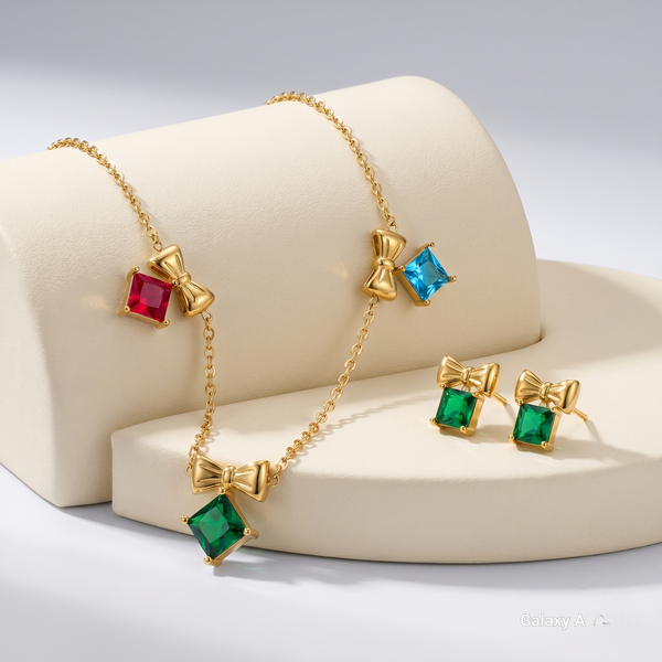 Charming Anti-Tarnish Multicolor Crystal Bow Necklace & Stud Earrings Set