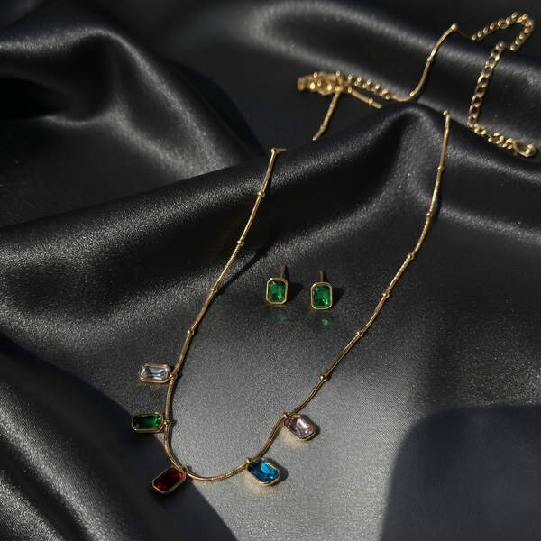 Delicate Multicolor Crystal Anti-Tarnish Necklace & Emerald Green Stud Earrings Set