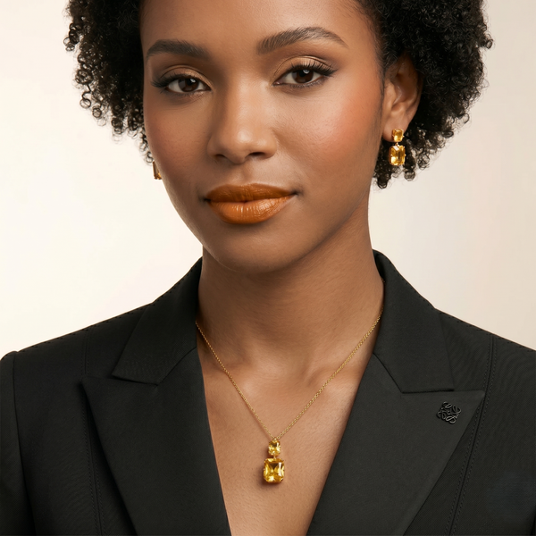 Golden Radiance Cushion-Cut Pendant Necklace & Drop Earrings Set