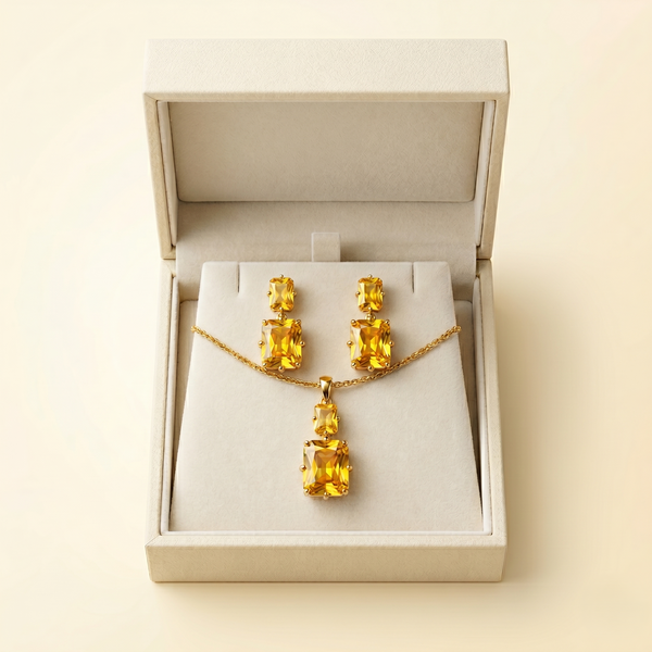 Golden Radiance Cushion-Cut Pendant Necklace & Drop Earrings Set