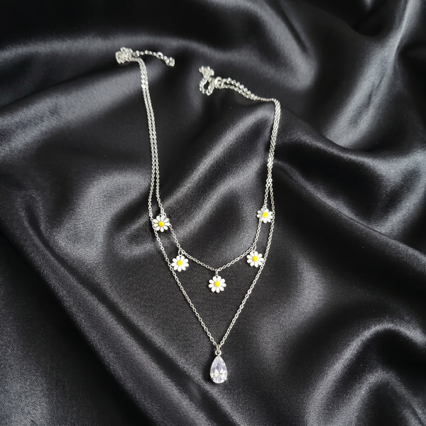 Silver Daisy Double Layered Pendant Necklace