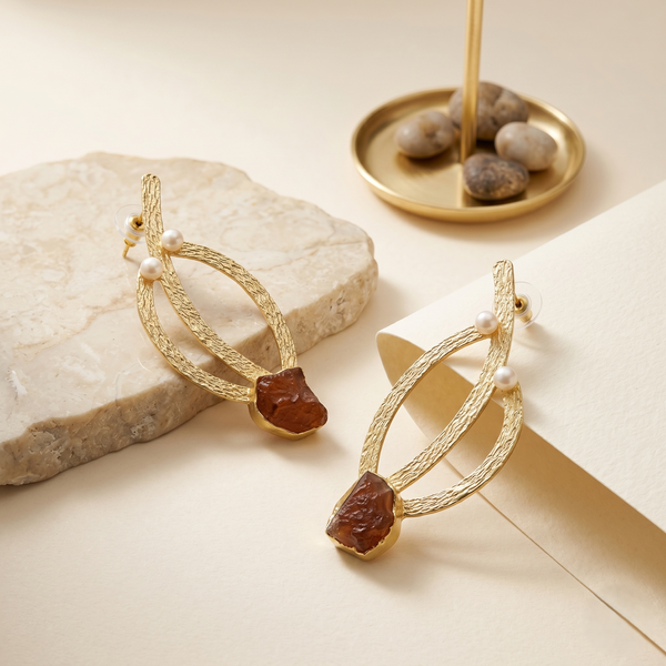 Elegant Textured Gold-Tone Pearl & Natural Uncut Stone Statement Earrings