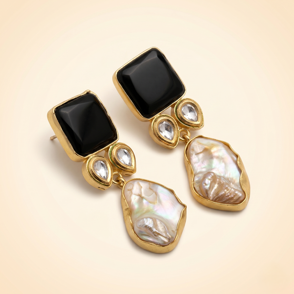 Black Onyx & Baroque Pearl Statement Drop Earrings