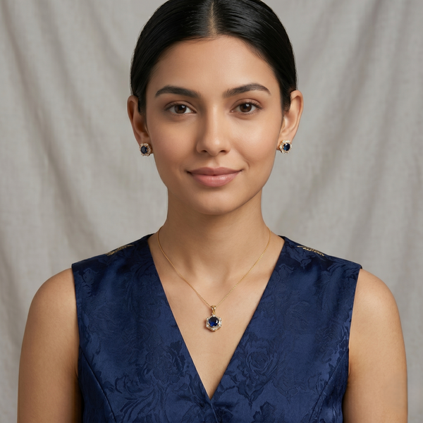 Royal Sapphire Halo Pendant & Stud Earring Set – Gold-Toned Crystal Elegance