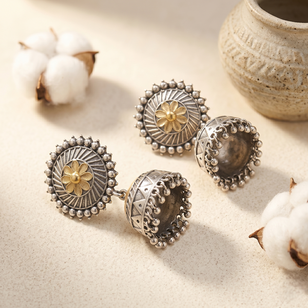 Dual-Tone Floral Heritage Oxidised Jhumka Earrings