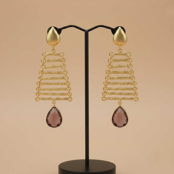 Radiant Gold-Tone Geometric Drop Earrings with Smoky Teardrop Crystal Accent