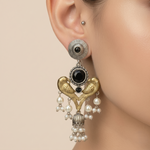 Vintage Dual-Tone Black Stone & Pearl Drop Earrings