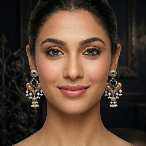 Vintage Dual-Tone Black Stone & Pearl Drop Earrings