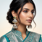 Antique Dual-Tone Pearl Jhumka Earrings with Turquoise Stone | Oxidised Ethnic Statement Earrings for Women