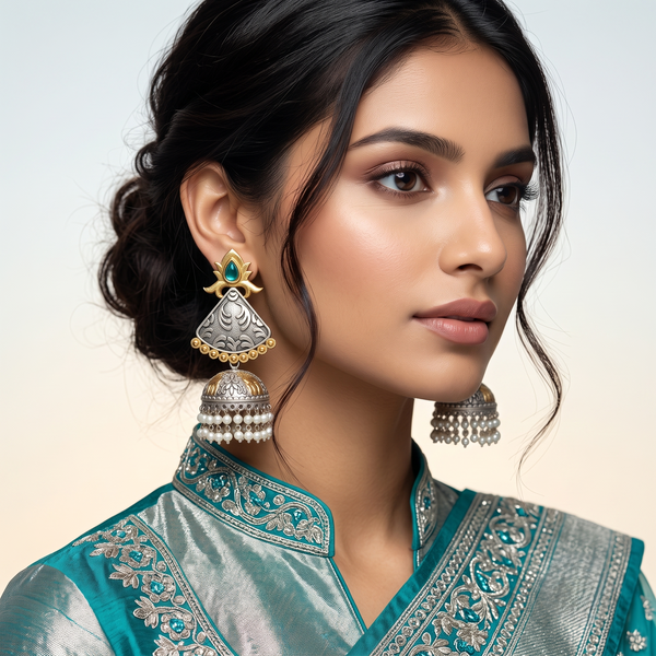 Antique Dual-Tone Pearl Jhumka Earrings with Turquoise Stone | Oxidised Ethnic Statement Earrings for Women