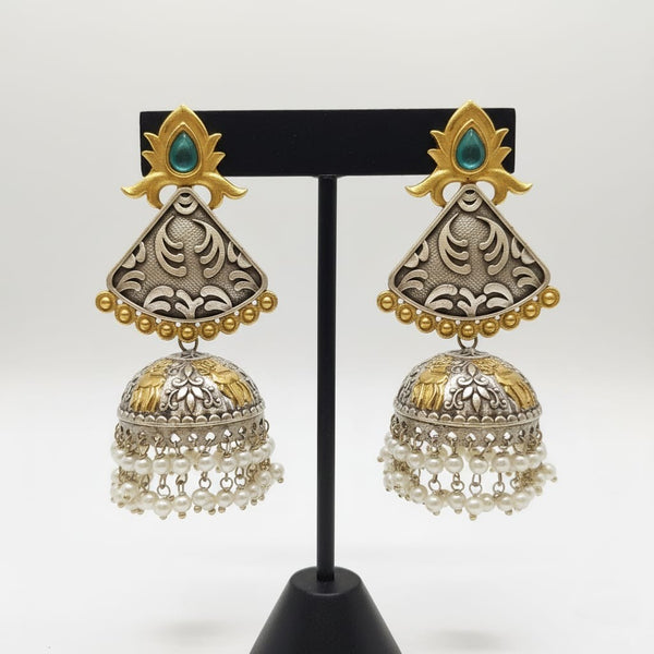 Antique Dual-Tone Pearl Jhumka Earrings with Turquoise Stone | Oxidised Ethnic Statement Earrings for Women