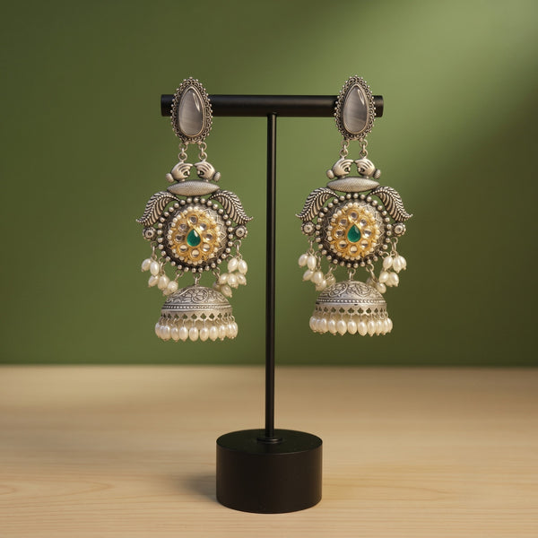 Royal Oxidised Silver-Tone Peacock Jhumka Earrings with Kundan, Green Stone & Pearl Drops | Traditional Ethnic Statement Earrings for Women