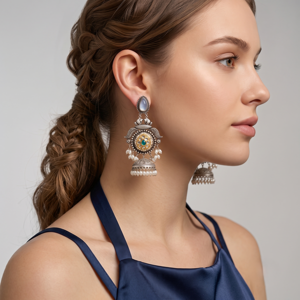 Royal Oxidised Silver-Tone Peacock Jhumka Earrings with Kundan, Green Stone & Pearl Drops | Traditional Ethnic Statement Earrings for Women