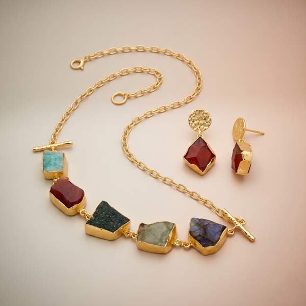 Exquisite Multi-Stone Uncut Gem Necklace & Drop Earrings Set – Gold-Tone Statement Jewelry