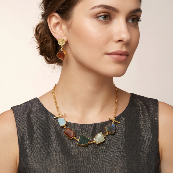 Exquisite Multi-Stone Uncut Gem Necklace & Drop Earrings Set – Gold-Tone Statement Jewelry