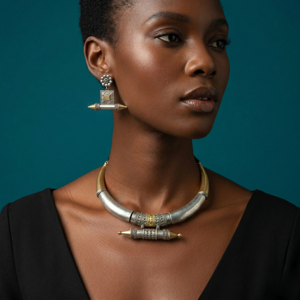 Heritage Fusion Statement Necklace & Drop Earrings Set – Oxidized Dual-Tone Tribal Elegance