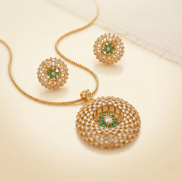 Luxury Dome Floral Pendant & Stud Earring Set – Gold-Tone Crystal Lattice Design with Emerald Green Floral Center