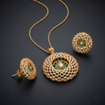 Luxury Dome Floral Pendant & Stud Earring Set – Gold-Tone Crystal Lattice Design with Emerald Green Floral Center