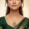 Luxury Dome Floral Pendant & Stud Earring Set – Gold-Tone Crystal Lattice Design with Emerald Green Floral Center