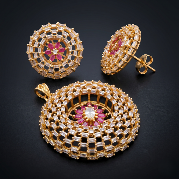 Luxury Floral Halo Pendant & Stud Earrings Set – Gold-Tone Baguette CZ with Ruby Pink Petal Design