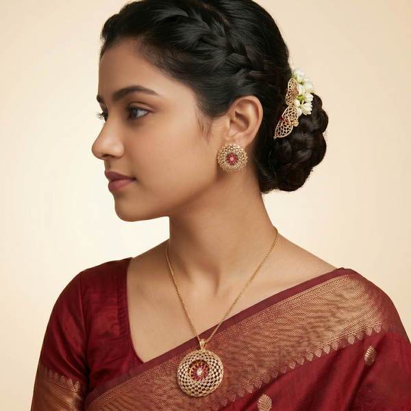 Luxury Floral Halo Pendant & Stud Earrings Set – Gold-Tone Baguette CZ with Ruby Pink Petal Design