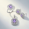 Lavender Radiance Cushion-Cut Pendant, Stud Earrings & Adjustable Ring Set